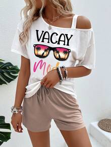 SHEIN LUNE Bộ đồ nữ thường ngày kiểu dáng bất đối xứng, gồm áo và quần short in chữ và kính râm, thích hợp cho mùa hè. - Nhiều màu - Xem 5