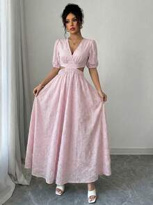 Elenzga 女士粉色花卉提花纹理V领腰部系带露背开衩连衣裙，修身显瘦的A字裙摆设计，适合生日、约会、派对、情人节、五一劳动节、复活节、正式场合、花园、旅行、休闲街头风、春夏穿着。 - 粉色 - 查看 4