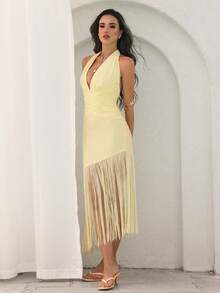 NOVVYNE Vestido sexy de cor sólida, justo ao corpo, assimétrico, com um ombro só. - Amarelo - Ver 7