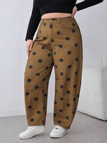 SHEIN PETITE CURVE 春夏款 PETITE CURVE 女士波点印花口袋休闲宽松牛仔裤 休闲棕色波点喇叭裤 - 棕色 - 查看 4