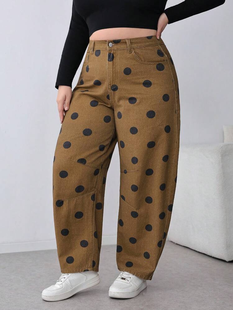SHEIN PETITE CURVE 春夏款 PETITE CURVE 女士波点印花口袋休闲宽松牛仔裤 休闲棕色波点喇叭裤 - 棕色 - 查看 4