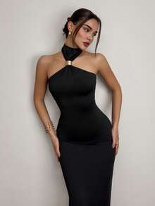 Firerie 女士优雅简约精致正式连衣裙，配金属装饰领带，适合假日、婚礼、派对、约会、生日、度假等场合。 - 黑色 - 查看 6