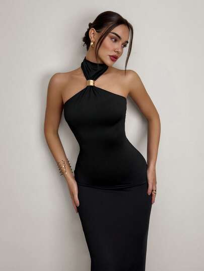 Firerie Women's Elegant Minimalist Sophisticated Formal Dress With Metal Decor Neck Tie, Suitable For Holiday, Wedding, Party, Date, Birthday, Vacation