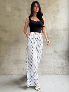 Firerie Women's Elegant Minimalist Daily Casual Commute Home Pants, White & Black Polka Dot Mid-Waist Loose Wide Leg Trousers, Casual Vacation, Teacher Black And White Pants Palazzo Pants Women Wide Leg Summer Pants - Black and White - View 3