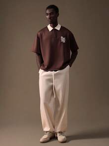 SUMWON 男士刺绣字母 Polo 衫 短袖休闲翻领纽扣门襟上衣 短款修身经典款式 夏季日常穿着 - 棕色 - 查看 6