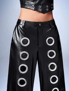 Y2Kool BiGraphic 情人节女士春夏纯黑色PU皮革亮面性感街头风七分裤，带镂空细节阔腿伞兵裤 - 黑色 - 查看 5