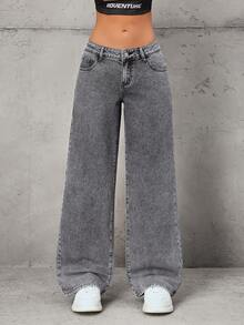 SHEIN Tall Fashionable Casual Washed Mid-Rise Wide Leg Jeans - Grey - View 3