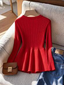 GlowEve CURVE 大码女式金属蝴蝶结装饰长袖针织开衫，秋冬款 - 紅色 - 查看 2