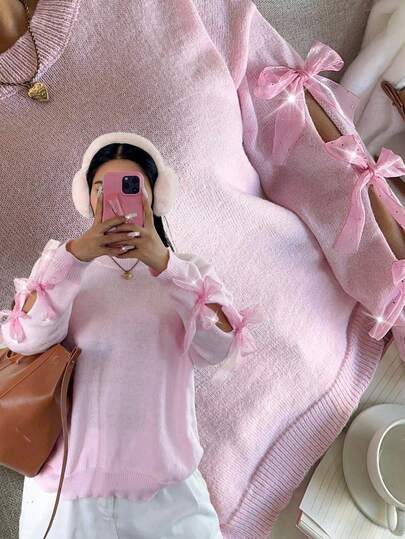 Sunnyshic Plus Size Women's 3D Ribbon Bow Sleeve Pullover Sweater, Autumn/Winter, Valentine's Day