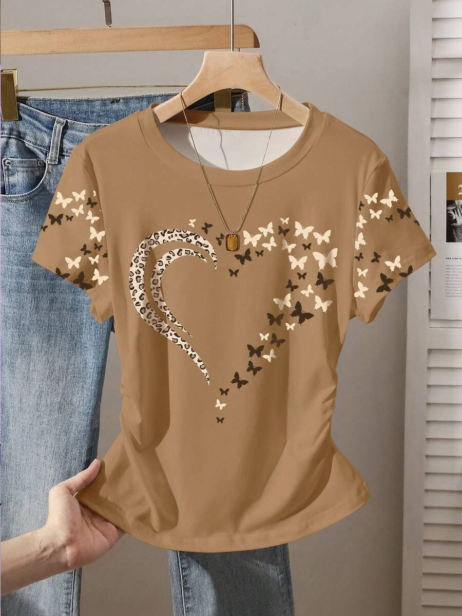 Resyla 夏季新款女士休闲修身短袖T恤，蝴蝶和豹纹爱心图案设计，适合约会、购物、拍照、户外活动、旅行、学生及日常穿着。 - 卡其色 - 查看 1