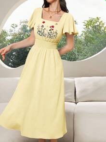 Modelyn 女士方领短袖荷叶边收腰修身连衣裙 - 黃色 - 查看 5