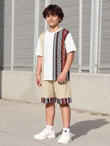 Vacaura 2pcs/Set Teen Boy Casual Retro Print Patchwork Contrast Color T-Shirt And Shorts Set,Summer Streetwear Vacation Outfit For Preteen Boys Daily Wear - Khaki - View 1