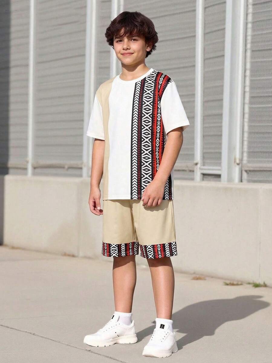Vacaura 2pcs/Set Teen Boy Casual Retro Print Patchwork Contrast Color T-Shirt And Shorts Set,Summer Streetwear Vacation Outfit For Preteen Boys Daily Wear - Khaki - View 1