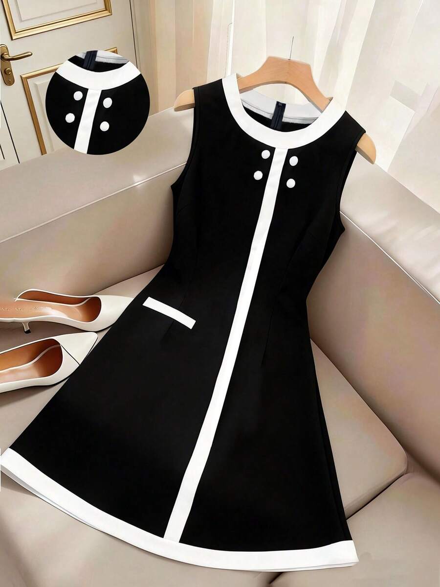 GlowEve CURVE Plus Size Elegant Colorblock Sleeveless Dress, Summer - Black - View 1