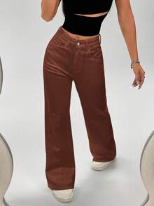 SHEIN ICON 女士休闲日常通勤简约百搭纯色宽松阔腿牛仔裤 - 咖啡棕 - 查看 5