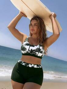 Swim SPRTY Plus Size Women Summer Beach Palm Tree Print Bikini Swimwear Set - Multicolor - View 5
