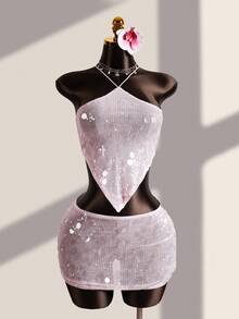 Bonvoyette Women's Pink Beaded Halter Backless 2 Pieces Set,Summer 70s Retro Beach Vacation Holiday Party,Elegant Sequin Rhinestone Crystal Diamond Dress - Pink - View 5
