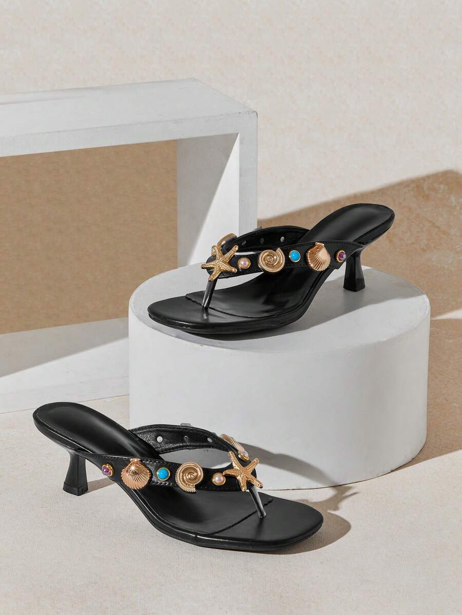 SHUZIA Women's Minimalist Comfortable Thong Strap Heeled Sandals With Seastar Ornaments - Black - View 1