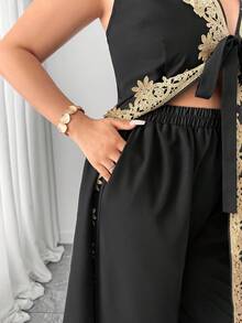 Elenzga 女士V领蝴蝶结两件套，金色花卉饰边无袖长款露脐上衣和阔腿裤，休闲夏季套装 - 黑色 - 查看 7