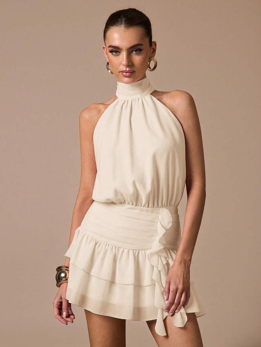 SHEIN BAE Đầm ngắn không tay, viền bèo, màu trơn, kiểu dáng thanh lịch, ngọt ngào, dễ thương, phù hợp cho các buổi hẹn hò lãng mạn, tiệc tùng, các sự kiện trang trọng, làm váy phù dâu, váy mùa hè, váy dự tiệc trà, năm mới, ngày Valentine, váy sinh nhật, váy màu hồng. - Màu be - Xem 1