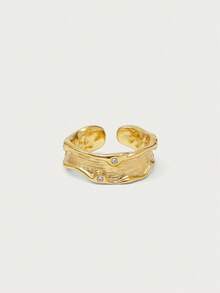 Glisma 1 pieza Anillo abierto asimétrico con textura chapado en oro de 18K, elegante, lindo, de lujo para trabajo, fiesta, casual, boda, vacaciones, campamento, Y2K/para mamá/mujer/niña/otoño/invierno/festival/vacaciones/dinero antiguo/Halloween - Amarillo Oro - Ver 2