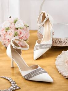 CUCCOO HITCHD 黑色水晶装饰绑带高跟鞋，尖头镂空设计，适合通勤、约会、派对等各种场合，秋季时尚之选。 - 純白色 - 查看 1