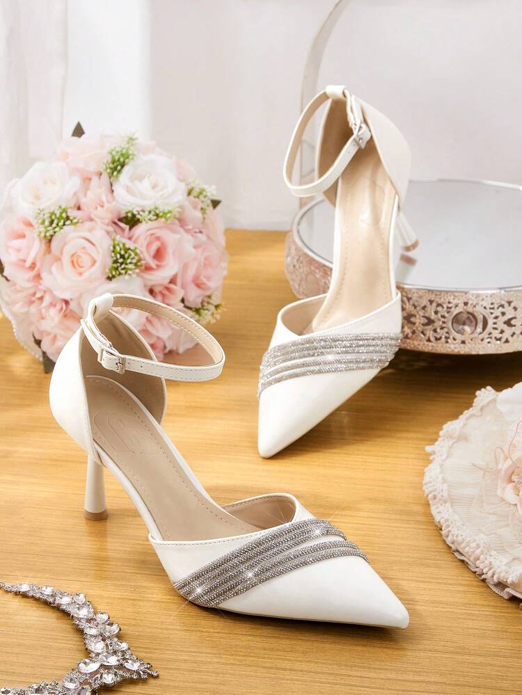 CUCCOO HITCHD Black Crystal-Embellished Strap High Heels Pointy Toe Hollow-Out Pumps For Commuting, Dating, Party, Fashion Fall Valentine's Day Elegant Shoes