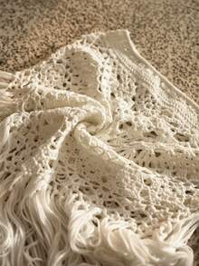 PREMIUM HANDMADE CROCHET ROMANTIC HALTER NECK TOP & TEXTURE TASSEL SKIRT BOHEMIAN RESORT KNIT COVER-UP SET - Beige - View 7