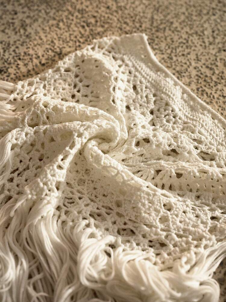 HANDMADE CROCHET ROMANTIC HALTER NECK TOP & TEXTURE TASSEL SKIRT BOHEMIAN RESORT KNIT COVER-UP SET