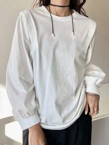 FRIFUL Women's Solid White Cotton Blend Crew Neck Long Sleeve Loose Casual Versatile T-Shirt - White - View 3