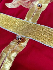 Elenzga 女士优雅时尚通勤休闲舒适迷人复古浪漫假日度假长袖V领收腰A字下摆金色花卉饰边花卉箔印连衣裙 - 紅色 - 查看 8