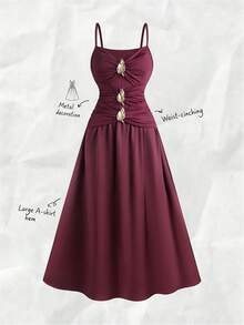 Olithes Französisches plissiertes Design Metall Dekor Camisole Maxikleid Burgunderrotes Kleid Bordeauxrotes Kleid Weinrotes Kleid Knielang Kleid Brautjungfernkleid Elegantes Hochzeitskleid Cocktailkleid Midi-Kleid Damenkleid mit Metalldekor Taillenschmeichelndes Kleid Damen Midi-Kleid Taillenschmeichelndes Kleid A-Linien Midi-Kleid - Bordeaux - Übersicht 1