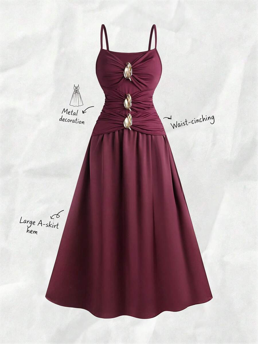 Olithes Französisches plissiertes Design Metall Dekor Camisole Maxikleid Burgunderrotes Kleid Bordeauxrotes Kleid Weinrotes Kleid Knielang Kleid Brautjungfernkleid Elegantes Hochzeitskleid Cocktailkleid Midi-Kleid Damenkleid mit Metalldekor Taillenschmeichelndes Kleid Damen Midi-Kleid Taillenschmeichelndes Kleid A-Linien Midi-Kleid - Bordeaux - Übersicht 1