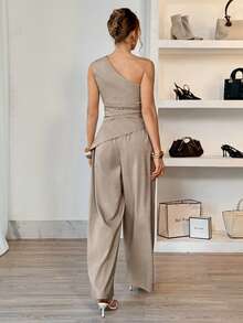 Siren Gaze 女士优雅通勤纯色单肩上衣和阔腿裤两件套，夏季 - 卡其色 - 查看 4