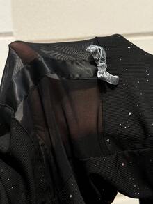 GalTyme 2026春夏新款情人节休闲日常穿搭派对约会生日音乐节返校多场合可穿外套或内搭二合一蝴蝶结装饰亮片高弹黑色大码打底裤 - 黑色 - 查看 6