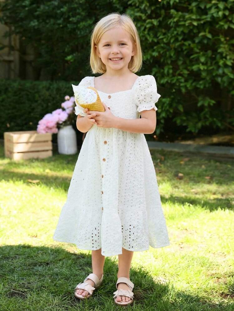 Vestido Cuadrado Con Cuello De Niña Joven, Manga Abullonada Con Dobladillo Con Volantes De Encaje - Blanco - Añade 1
