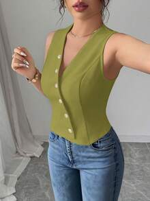 Elenzga 女士休闲日常通勤简约纯色V领纽扣门襟修身背心，夏季 - 青檸色 - 查看 3