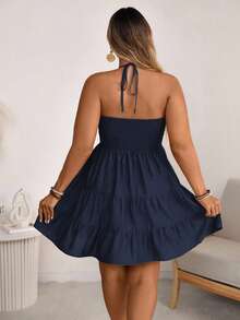 Ceyna Plus Size Boho Halter Neck Navy Blue Tiered Ruffle Hem Dress For Vacation Outfits Women - Navy Blue - View 2