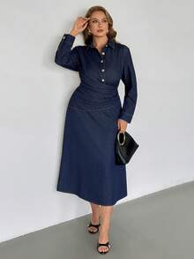 Auralis 大码女式时尚休闲单排扣长袖牛仔连衣裙，春夏情人节狂欢节服装，通勤度假毕业典礼时尚Y2K可爱街头风派对婚礼优雅商务休闲女式牛仔纽扣连衣裙，翻领长袖系带腰身细节 - 藍色 - 查看 6