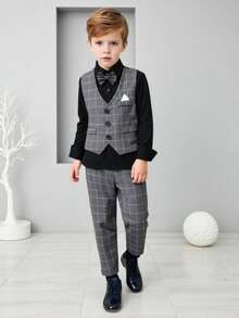 Set 2 buc: Vestă în carouri + Pantaloni, Fără accesorii, Ținută formală pentru petrecere de ziua de naștere, eveniment de seară, nuntă, botez, Ziua Îndrăgostiților, ziua de naștere, nuntă, absolvire - Gri - Vizualizare 3