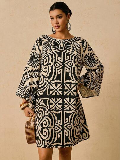 Travachic Plus Size Women's Fuchsia Tropical Floral Print Dress, Mid-Length Sleeve Dress