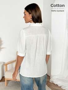 Easowa 100% Cotton Ruffled Collar Puff Sleeve Button Front Shirt, Casual Relaxed Elegant Office/Vacation Wear For Women, Spring/Summer