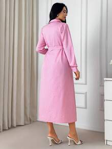EURMUSE 女士粉白条纹衬衫裙 – 长袖纽扣领中长连衣裙，配腰带，休闲职场优雅春季装扮 - 粉色 - 查看 2