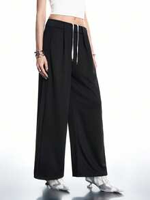 Airlisse Women's Drawstring Waist Pleated Casual Street Wear Sweatpants, Spring/Summer - Black - View 3