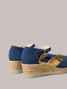 Styleloop 女士春夏新款蓝色包跟绒面厚底镂空渔夫鞋，包头高跟坡跟罗马尖头凉鞋 - 藏蓝色 - 查看 4