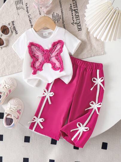 SHEIN Playful Pals Set 2 buc. pentru bebeluși, tricotat, alb și roz, din denim, cu fundă, cu mânecă scurtă, tricou și pantaloni drepți, ținută casual la modă pentru fetițe