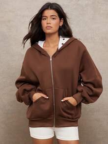 WESTFADE 波点图案带衬里连帽拉链前袋长筒袖连帽卫衣外套 - 棕色 - 查看 4