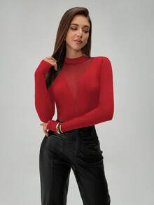 Almamuse Petite Women's Fashion Sheer Mesh Patchwork Long Sleeve Hollow Out Bodysuit For Beach - Red - View 8