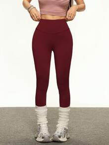 INAWLY Women's Solid Wine Red Casual R Letter & Star Print Leggings - Burgundy - View 3