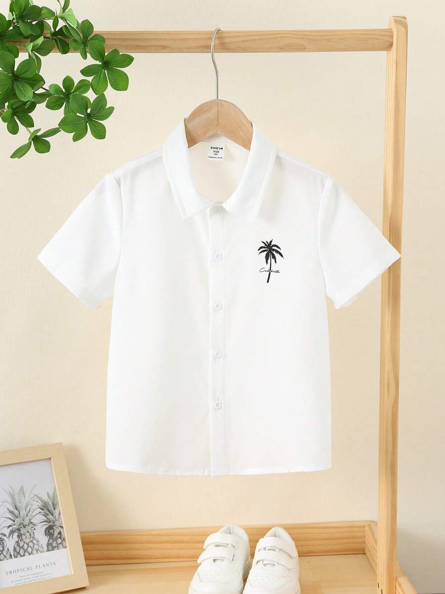 SHEIN 1pc Young Boys' Casual Vintage Graphic Print Soft Comfortable Versatile Short Sleeve Shirt, Suitable For Daily Wear, School, Outings, Spring/Summer - White - View 1